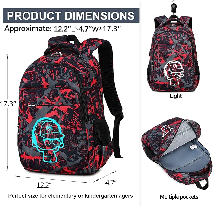 LEDAOU School Backpack Teen Boys Kids Bookbag School Bag for Middle Waterproof Casual Daypacks Travel Back Pack(Graffiti Red)