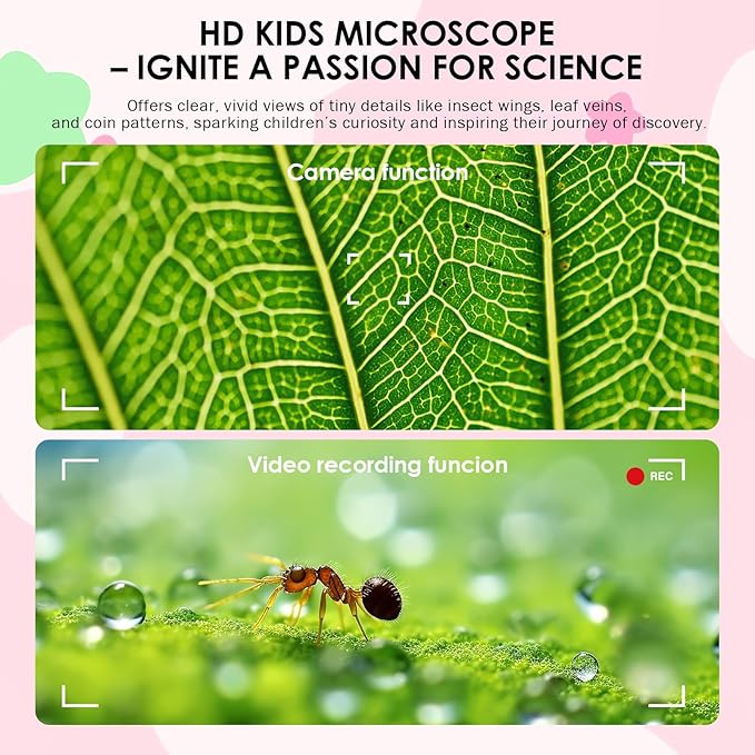 Kids Microscope 100X Magnification, STEM Handheld Digital Science Kit, Portable Educational Toy for Ages 3-16, Birthday for Boys & Girls Pink