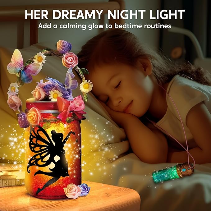 Klever Kits DIY Fairy Lantern Craft Kit with Rose Lights and String Lights - Birthday Gifts with 7 Color Fairy Potion Necklace, DIY Night Light Arts and Crafts for Girls Age 8+