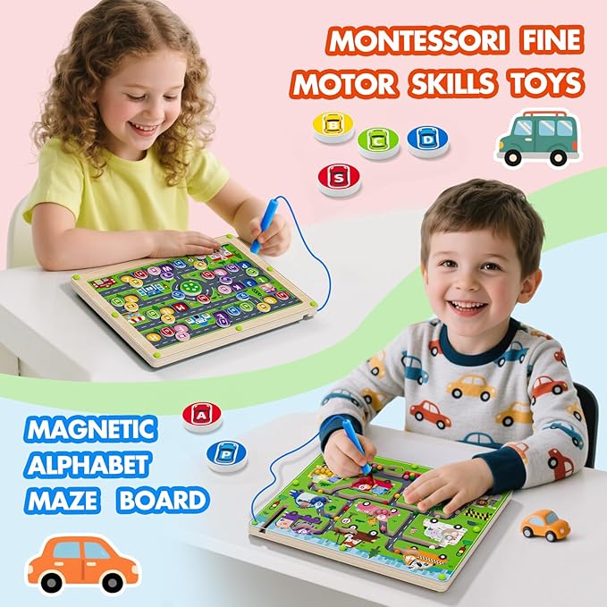 2 in 1 Magnetic Color and Number Maze Double-Sided ABC Alphabet Puzzles Board Magnet Dinosaur Counting Maze Preschool Learning Montessori Education 3 4 5 Years Toys (Car, One Size)