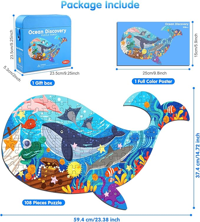 Jigsaw Puzzles for Kids Ages 4-8, 108 Pieces Whale Shaped Cardboard Puzzles for Animal Lovers, Sturdy Floor Puzzles Box and Poster, Educational Toys Gift for Boys Girls, 23.38 x 14.72 Inch