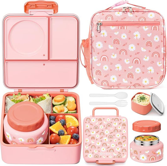 Fimibuke Bento lunch Box Set for Kids Adult with 8oz Thermos Food Jar, Insulated Lunch Bag &Sauce Cup, Leakproof Dishwasher Safe Toddler Lunch Food Container with 3-4 Compartment for School Girls Boys