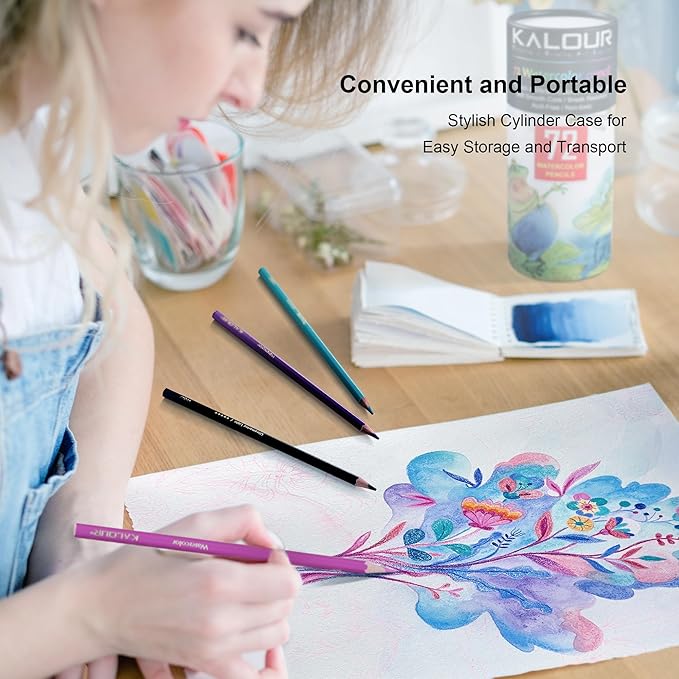 KALOUR 72-Color Professional Watercolor Pencils Set with Brush and Water Brush Pen, Hexagonal Shape, Blendable Wet or Dry, Water-Soluble Colored Pencils for Artists and Beginners