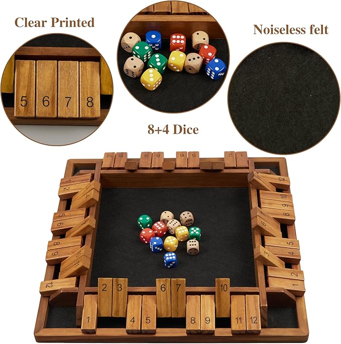 14 inches 1-4 Players Shut The Box Dice Game Upgraded 12 Numbers Wooden Board Table Math Game with 12 Dice Close The Box for Adult Kids, Family Classroom Home or Bar