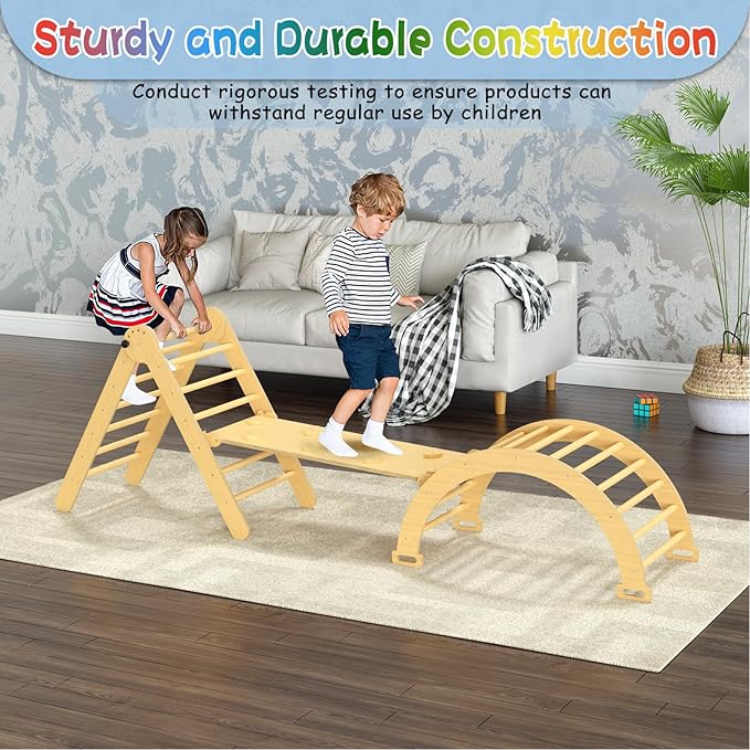 Large Pikler Triangle Set, 5 in 1 Foldable Baby Climbing Gym Indoor Montessori Climbing Set Wooden Toddler Climbing Toys with Arch, Ramp, Ladder