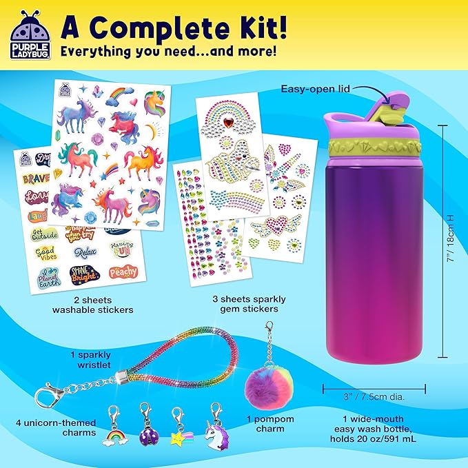 PURPLE LADYBUG Decorate Your Own Water Bottle Kit for Girls - Unicorn Design with Glitter Gem Stickers, Gifts for Girls Ages 5-8-10 Years Old Birthday, Fun Craft for Kids, Christmas Gifts Girl
