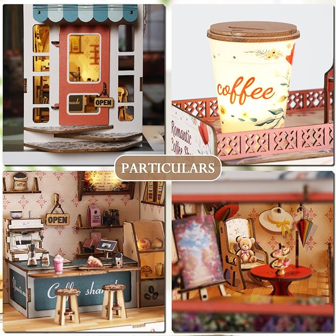 Book Nook Kit,Coffe House Miniature House Kit for Teens and Adults,3D Wooden Puzzle Tiny House Booknook Bookend Bookshelf Decor Model Build.(Romantic Coffee House)
