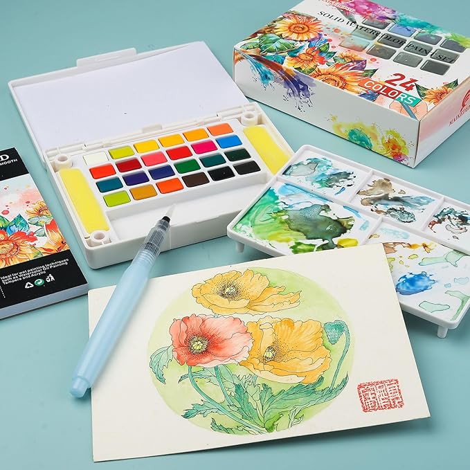 Graspable Watercolor Paint Set,Vivid Colors Painting Set Travel Paint Set Watercolor Sketching Kit with Water Pen,24 Sheets Watercolor Papers,3 Tutorial Video-24Colors
