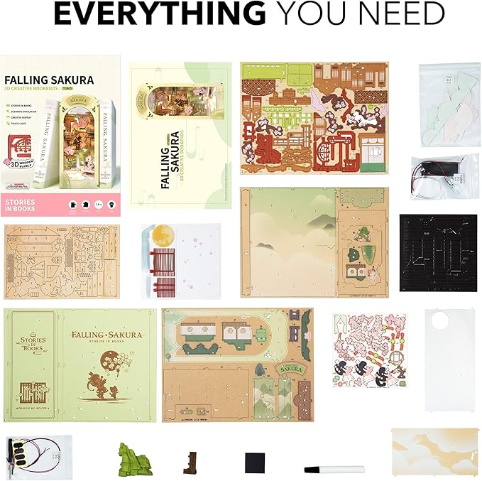 Rowood Book Nook Kits for Adults,3D Wooden Puzzle Bookend,Bookshelf Decor Insert Alley,DIY Miniature Booknook Model Craft Kits for Adults,Gifts with LED on Birthday Christmas(Falling Sakura)