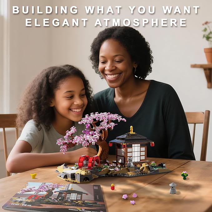 Japanese Garden Building Set, Cherry Blossom Bonsai Tree House Building Block for Adults Japanese Tranquil Garden for Home and Office Decoration Set (916 PCS)