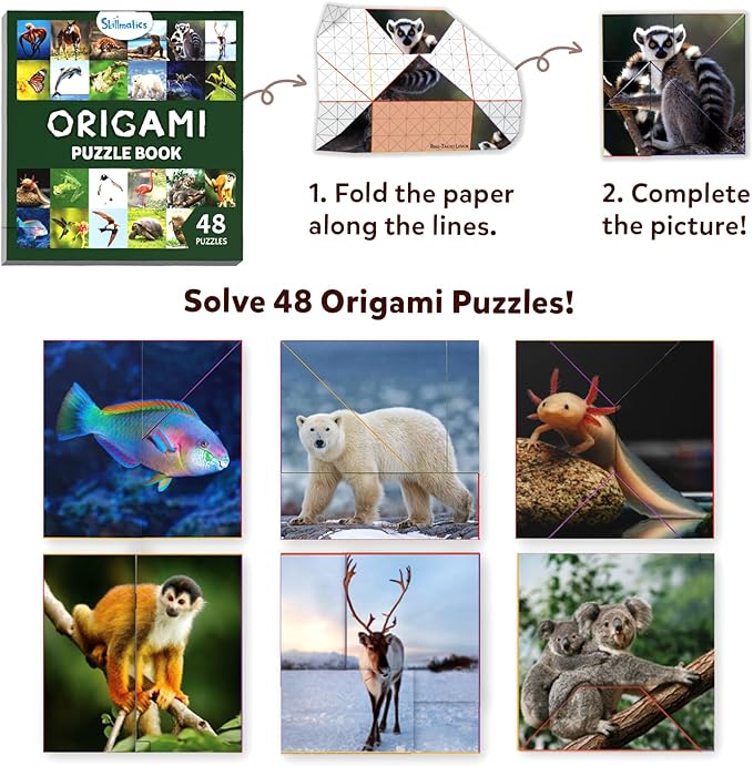 Skillmatics Origami Puzzle Book - 48 Folding Puzzles for Kids, Fun STEM Toy & Brain Teasers, Educational & Travel Gifts for Ages 6, 7, 8, 9, 10 and Up