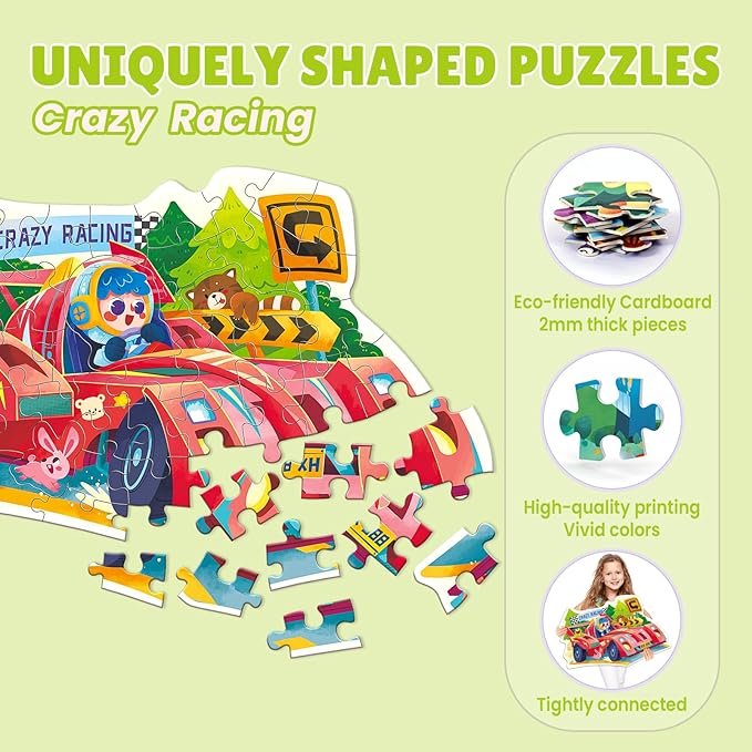 ELX 55 Piece Crazy Racing Jigsaw Puzzle for Kids 3+, Large Floor Puzzle for Preschool Learning with Storage Bag, Educational Toy Gift Birthday and Christmas for Boys Girls