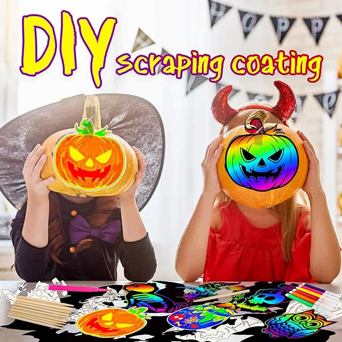 Natonhi Halloween Crafts Scratch Art for Sudent, 96PCS Halloween Games Magic Rainbow Scratch Paper Off Cards Set for Sudent Classroom Activities Crafts Party Favors