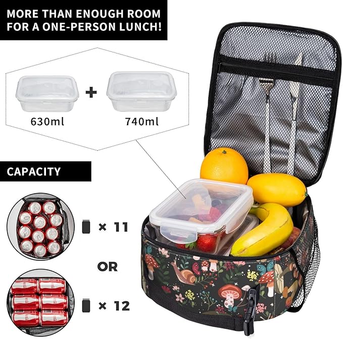 Mushrooms Snails Butterflies Reusable Lunch Box Food Bag Insulated Lunch Bag for Teenage Boys Girls School Beach