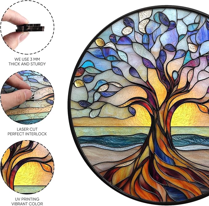 Wooden Puzzle for Adults, Seaside Tree of Life Puzzles for Adults, Unique Shaped Challenge Puzzle, Beautiful Package, Best Gift Toys for Family Friends, Brain Games Medium 11.2x11.2in