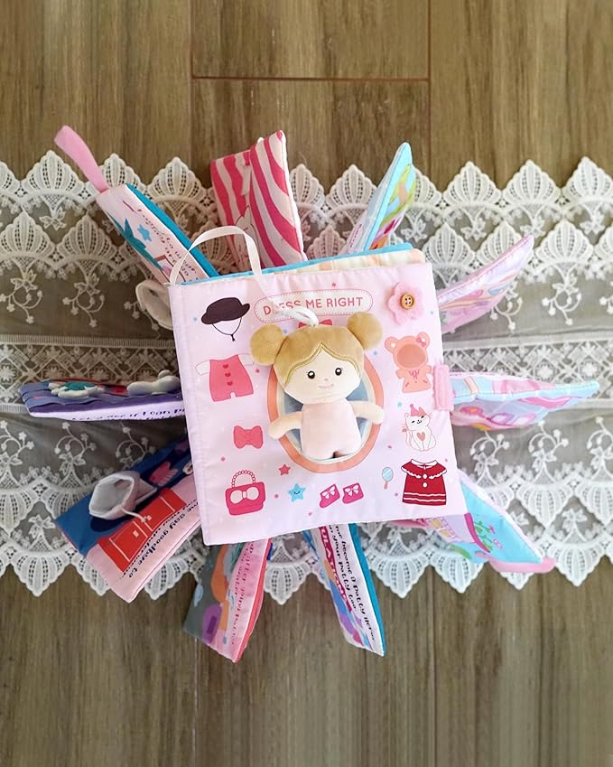 Interactive Sensory Soft Cloth Book, Educational Crinkle Quiet Activity Busy Book for Babies,Toddler Travel Toy Gift for 1-3 Year Old Boys and Girls (Dress Me Right)