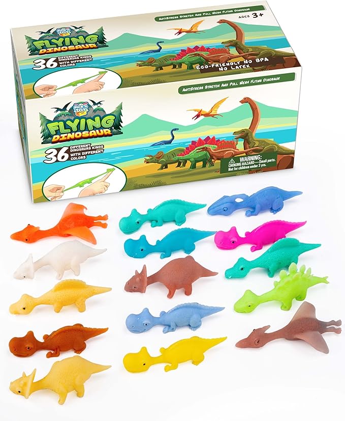 PICK A TOY Stretchy Slingshot Dinosaur Toys – 36 Mini Rubber Dinosaurs, Party Favors, Kids Prizes, Easter Egg Fillers, Finger Flingers Flying Chicken Toy