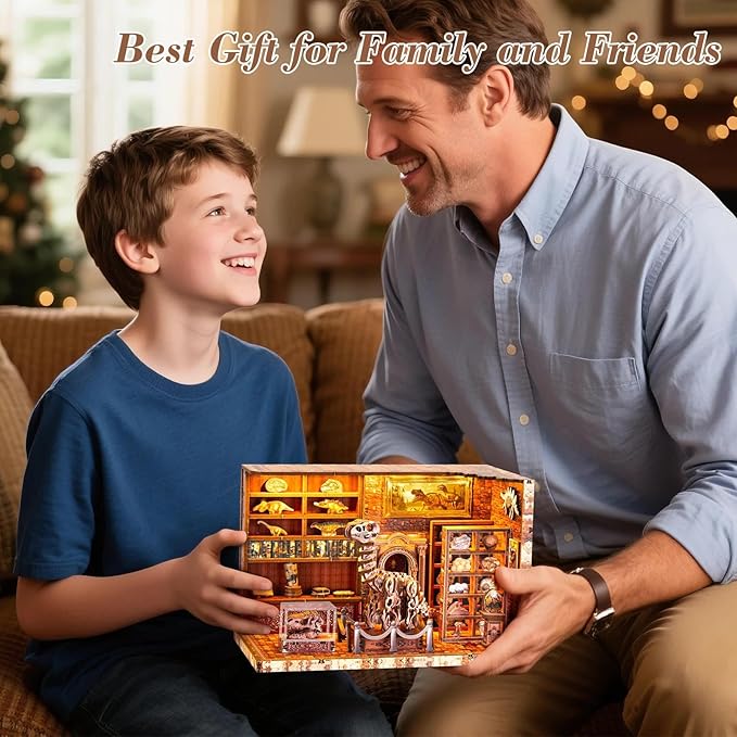 Book Nook Kit,3D Wood Puzzle LED Light DIY Miniature House Kit for Adults,Teens and Beginners, Dollhouse Bookshelf Decor Tiny Houses to Live in for Adults,Gifts for Family,Friends(Dinosaur Museum)