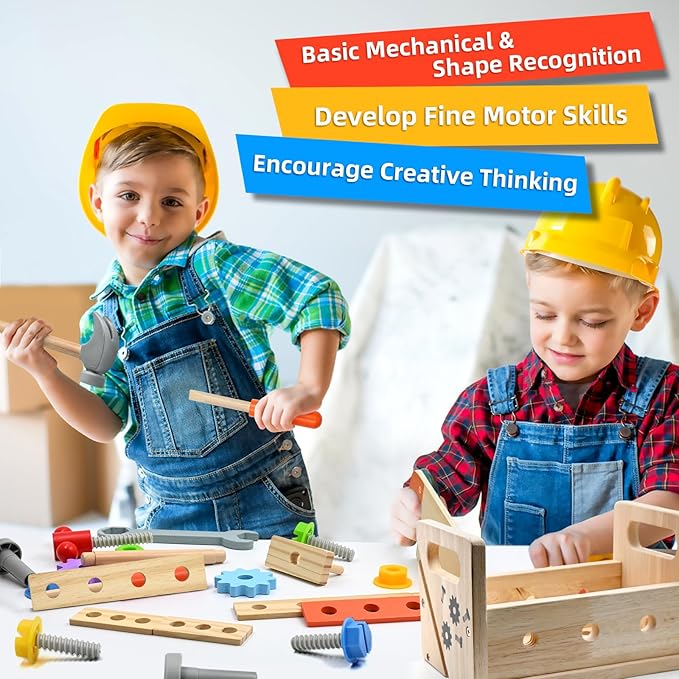 29Pcs Montessori Wooden Kids Toy Tool Box Set, Toddler Early Educational Pretend Play Construction Activity STEM Learning Toys for 2 3 4 5 Year Old Boy Girl, 1st Birthday Gifts