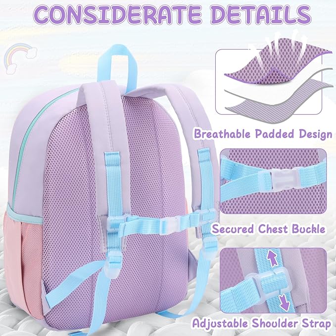 VASCHY Kids Backpack for Girls, Lightweight Quilted Color-blocked Bookbag Preschool Backpack for Kindergarten Children Light Purple Pink