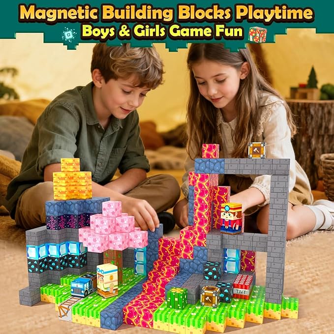 Magnetic Blocks 150 PCS Building Toys for Ages 4-8 9-12 3-5 Forest & Mine Theme Magnet Building Cubes STEM Sensory Toys for Kids for Boys & Girls