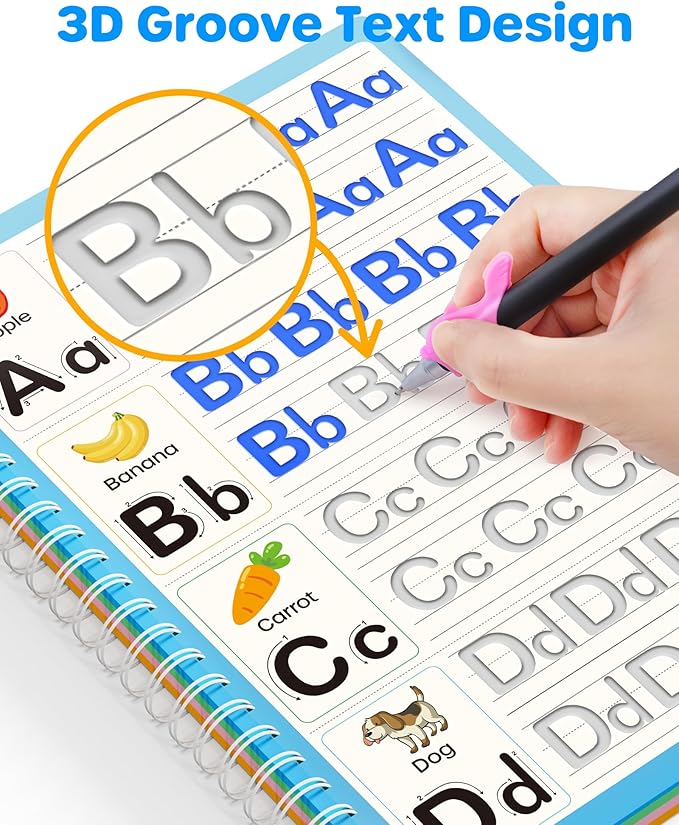 D-FantiX Magic Grooved Writing Practice for Kids Age 3-5, Reusable Grooved Handwriting Practice for Kids 5-7, Learn to Write Letter Tracing Books for Kids Kindergarten Preschool Learning Activities