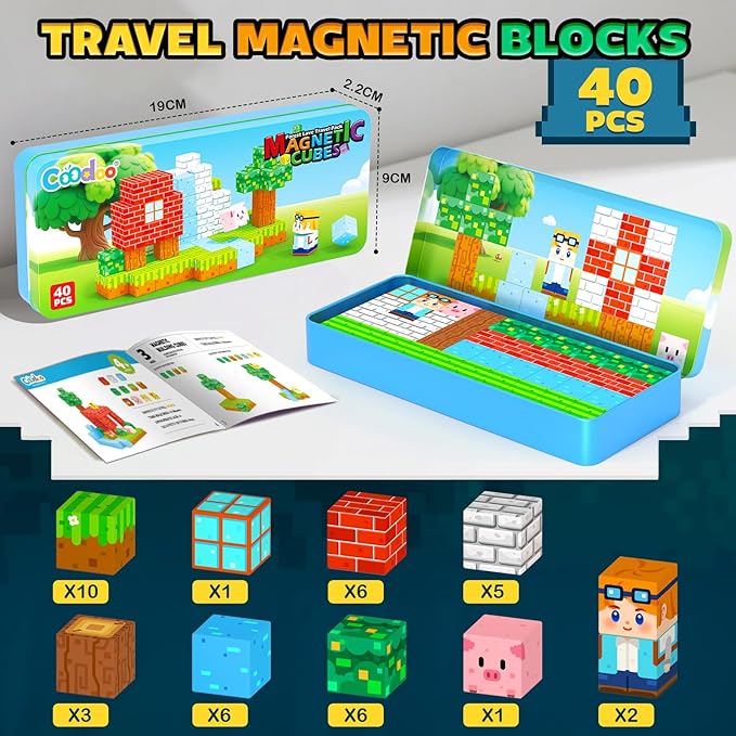 Magnetic Blocks Kids Travel Toys with Portable Metal Tin – Montessori Building Blocks STEM Magnet Magnetic Tiles Toddler Kids Toys for 3+ Year Old Boys & Girls, Classroom Must Haves Creative Gift