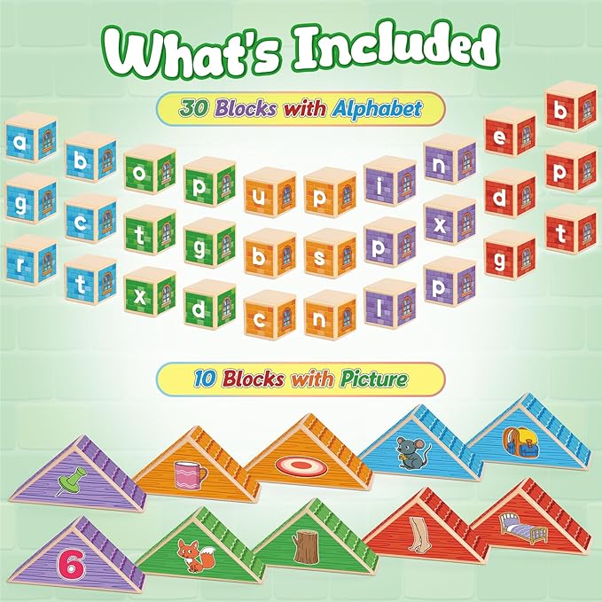 CVC Kasfalci Wooden Alphabet Letter Blocks - Toddler Phonics Games for Learning to Read & Spell, Speech Therapy Toys for Preschool Kindergarten Classroom