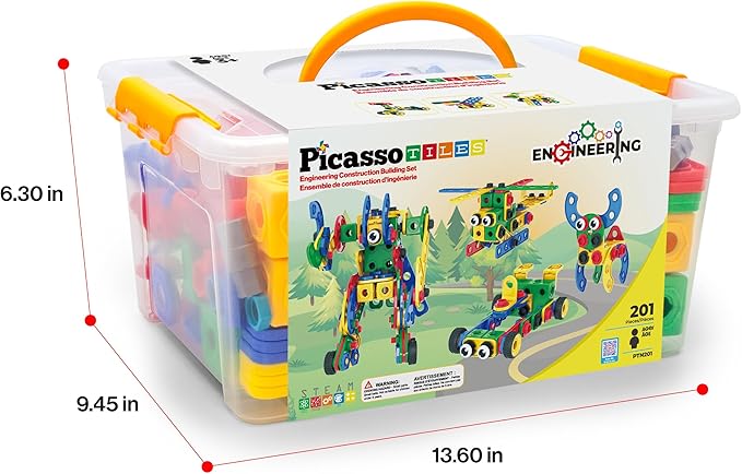 PicassoTiles 201pc STEM Learning Block Construction Kit with Power Drill and Clickable Ratchet Educational Engineering Toy Set Kids Age 3 Plus Preschool Activity Creative Play with Idea Book PTN201