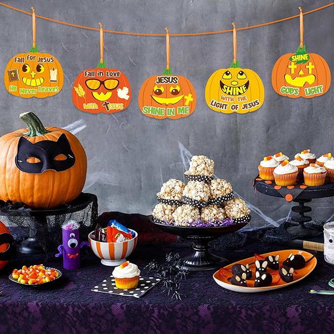 B1ykin Fall Pumpkin Craft Kit - 40Pcs Christian Fall Jesus Pumpkin Cross Hanging Ornaments with Ribbons, DIY Thanksgiving Religious Faith Crafts for Kids Sunday School Party Home Activities