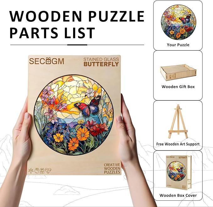 Wooden Puzzles for Adults - Stained Glass Butterfly Wood Puzzles Adult - Unique Animal Shape Wooden Jigsaw Puzzles for Adults - Birthday Gifts for Puzzle Lovers, Family (11.4 * 11.3in)