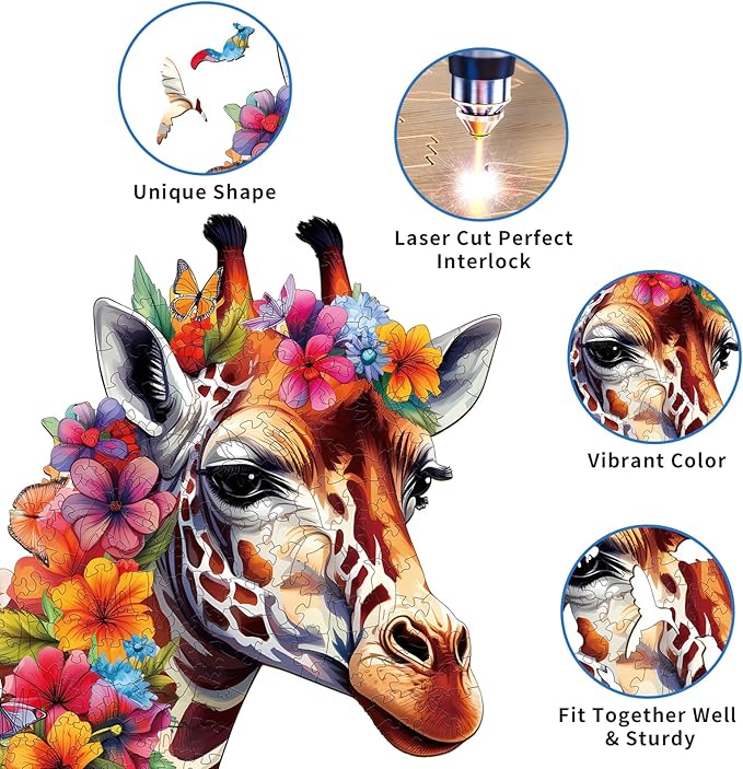 Wooden Puzzles for Adults, Flowers and Giraffes (S-85pcs) Wooden Jigsaw Puzzles Kids, 8.3 * 7in Unique Shaped Animal Wood Puzzles Adults, Xmas Christmas Puzzles Birthday Gift Family Game