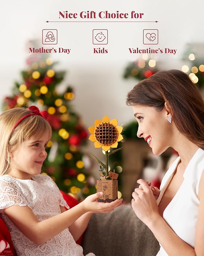 rowood 3D Wooden Puzzles for Adults, DIY Artifical Flower Building Set Craft Kit for Women,Mother's Day/Valentine's Day/Thanksgiving Day/Christmas/Birthday Gift -Sunflower