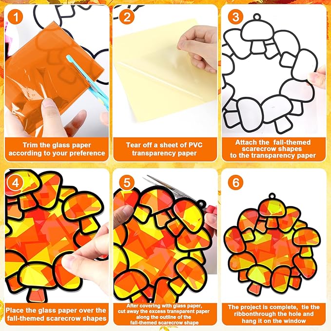 32 Sets Fall Thanksgiving Wreath Suncatchers Craft Kit DIY Window Stained Glass Effect autumn Wreath Paper Crafts Home School Classroom Decoration Kid Birthday Gift Creative Art Project Activity Game