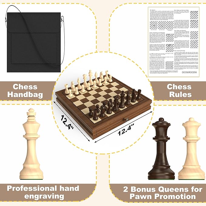 Premium Natural Walnut 13" x 13" Magnetic Wooden Chess Set with 1 Built-in Storage Drawers - 2 Bonus Extra Queens - 24 Checkers Pieces - Staunton Chess Pieces, Board Games Chess Sets