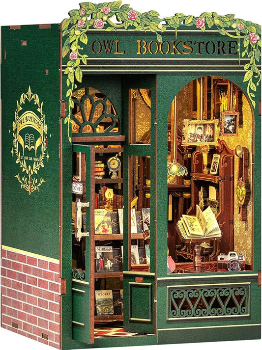 Fsolis Book Nook Kit, DIY Scene Miniature House Kit Tiny House Mini Booknook Craft Bookshelf Decor, 3D Puzzles for Adults, 139 Wooden Pieces, Scale Library Model, Gifts for Book Lovers(OWL Bookstore)