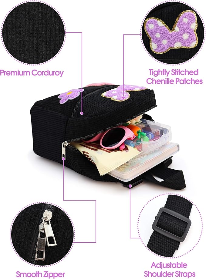 2 3 4 5 6 Year Old Girl Gifts Chenille Initial Mouse Bow Mini Backpack, Corduroy Toddler Backpacks Christmas Birthday Gifts for Girls 2-4 5-6, Black Mini Diaper Bag Must Haves for Park Travel Letter J