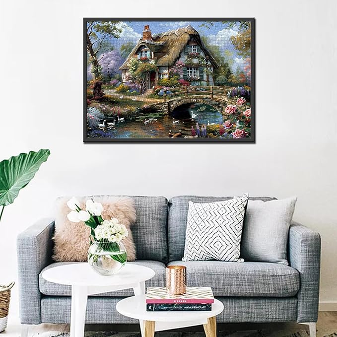 1000 Piece Jigsaw Puzzles for Adults Cabin Scenery Painting Jigsaw Puzzle Flowers 1000 Pieces Puzzles Bridge River Flowers House Wall Decor DIY Craft Puzzle Vintage Thatched Cottage Art