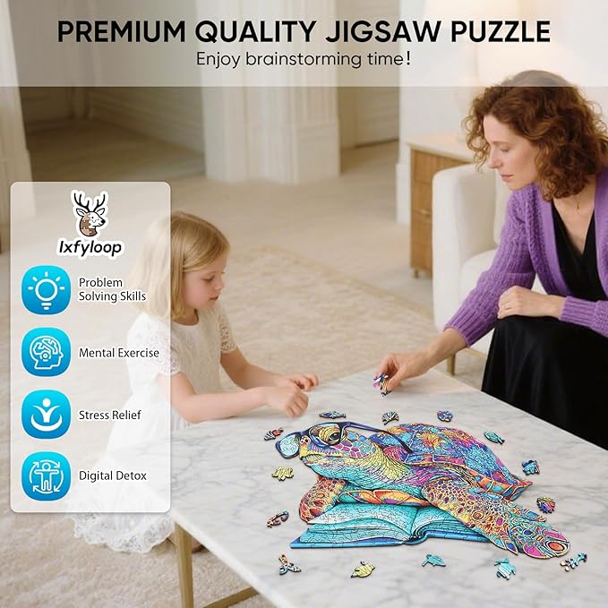 Wooden Puzzles for Adults, Spectacled Turtle Jigsaw Puzzles 200 Pieces, Unique Shape Animal Adult Puzzles, Wood Toys Puzzles Best Gift for Adults and Kids Family Brain Games 12.5x8.4 inch