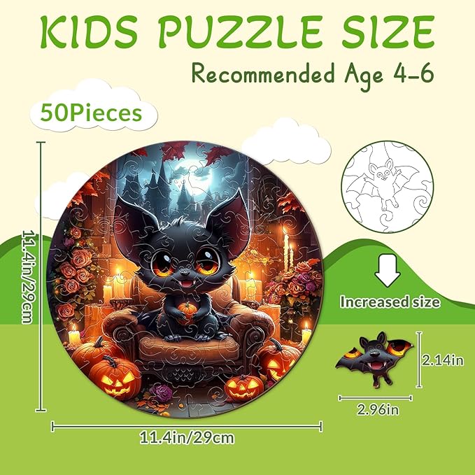 Wooden Puzzles for Kids Ages 4-6 - Halloween Black Bat 50 Pieces Children Puzzles - Large Pieces Kids Puzzle with Unique Shapes - Educational Puzzles for Boys and Girls (11.4 * 11.4 in)