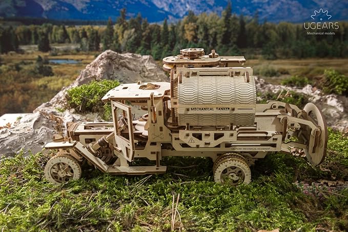 Ugears Tanker Mechanical Model Kit - DIY 3D Wooden Puzzles for Adults Truck with Working Engine - Moving 3D Puzzle Building Kits with Can Holder - Adult Puzzle Gift for Fathers Day - 594 Pcs