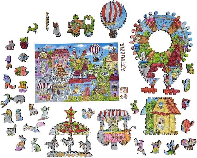 Wooden Puzzle for Adults - Uniquely Shaped Pieces - Made in The USA by FoxSmartBox - 425 Pieces - Busy Town