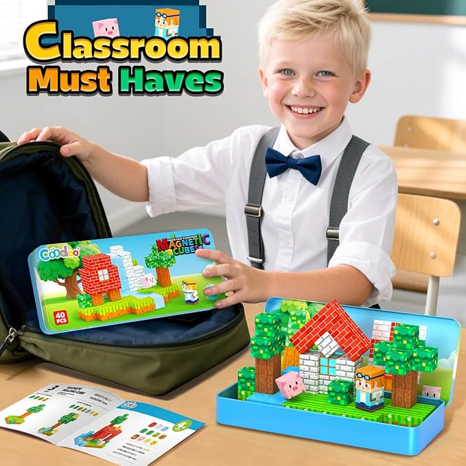 Magnetic Blocks Kids Travel Toys with Portable Metal Tin – Montessori Building Blocks STEM Magnet Magnetic Tiles Toddler Kids Toys for 3+ Year Old Boys & Girls, Classroom Must Haves Creative Gift