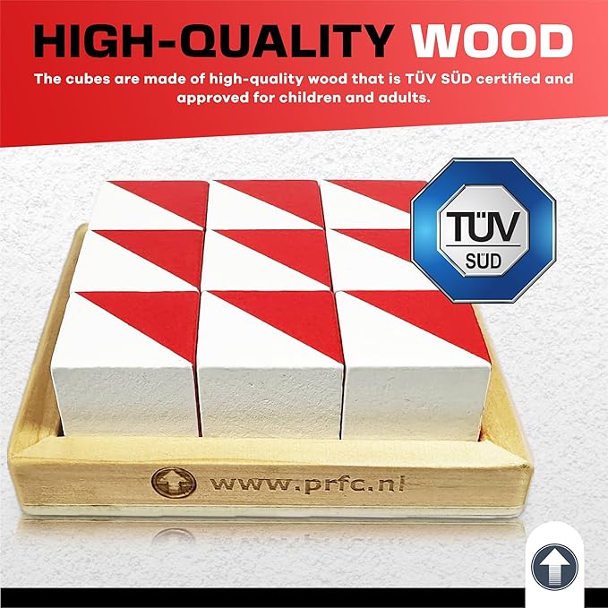PrfcNL IQ Test Blocks - 9 wooden cubes in white and red with 60 patterns and mobile app, ideal for WISC, WAIS, WPPSI prep,educational STEM Montessori gift toy for All Ages Challenge