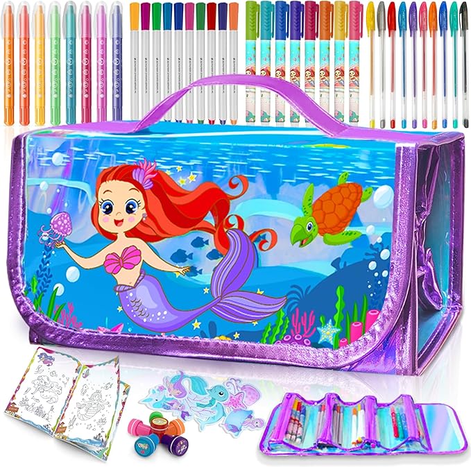 weirtoya 56 PCS Washable Scented Markers Set with Glitter Pencil Case, Mermaid Unicorn Arts and Crafts for kids 4-6-8 Kids Coloring Drawing Kits for 4-8 Years Old Girls Birthday Gifts