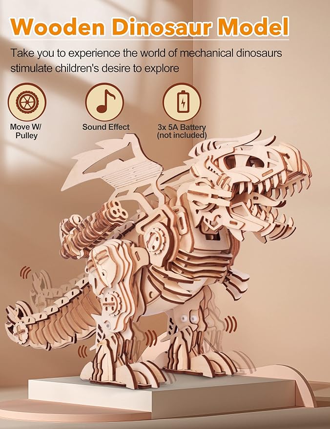 MIEBELY 3D Wooden Puzzles for Adults - T-Rex Dinosaur Model Kits can Walk and Roar, Mechanical Dinosaur STEM Toys for Boys Kids Ages 8-10-12-14, 3-D Puzzles Building Kit Gifts for Teen Men Women