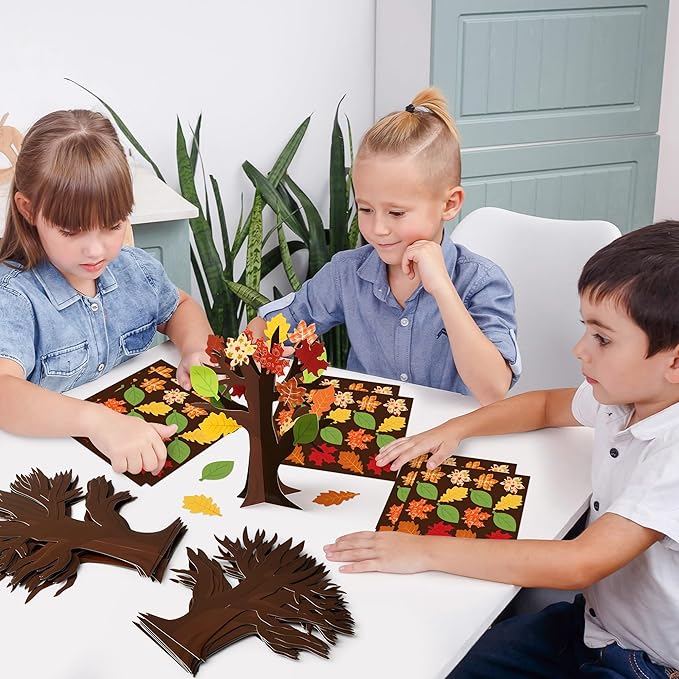 WATINC Fall Thankful Trees Craft Kits for Kids, Autumn Maple Oak Leaves Make Your Own DIY Thanksgiving Trees Decoration Thankful Craft Kit Supplies Home School Fun Activities for Kids (48PCS)