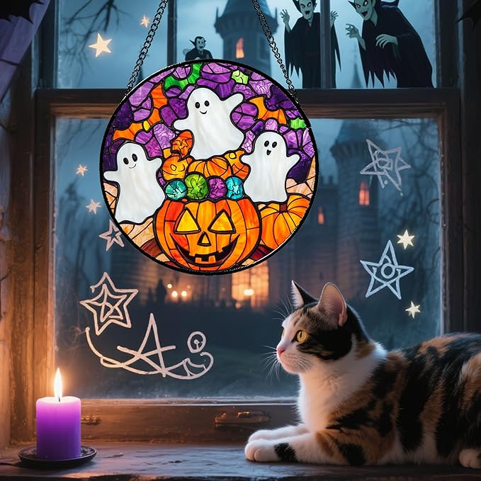 Stained Glass Window Hanging Halloween Horror Pumpkin White Ghost 15" - Suncatcher Door Garden Sunroom Gothic Style Sun Catcher Birthday for Friend Mom Men Woman Nana