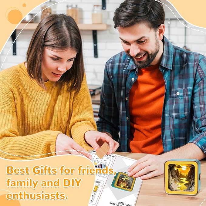 3D Wooden Puzzle Night Light, River Sunset DIY Puzzles for Adults, Eye Care Night Light with Touchable Switch, Personalized Gifts for Family Friend DIY Puzzle Lover