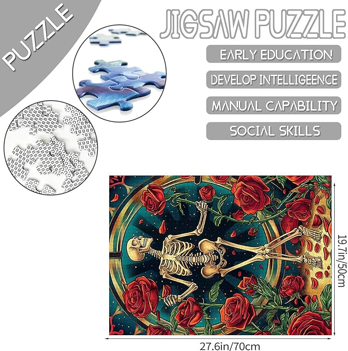 Tucocoo 1000 Piece Jigsaw Puzzles for Adults Human Skeleton Painting Puzzle Skull Dancing with Red Roses Art 1000 Pieces Puzzles for Challenging Family Activity Game DIY Puzzle Wall Decor Gifts